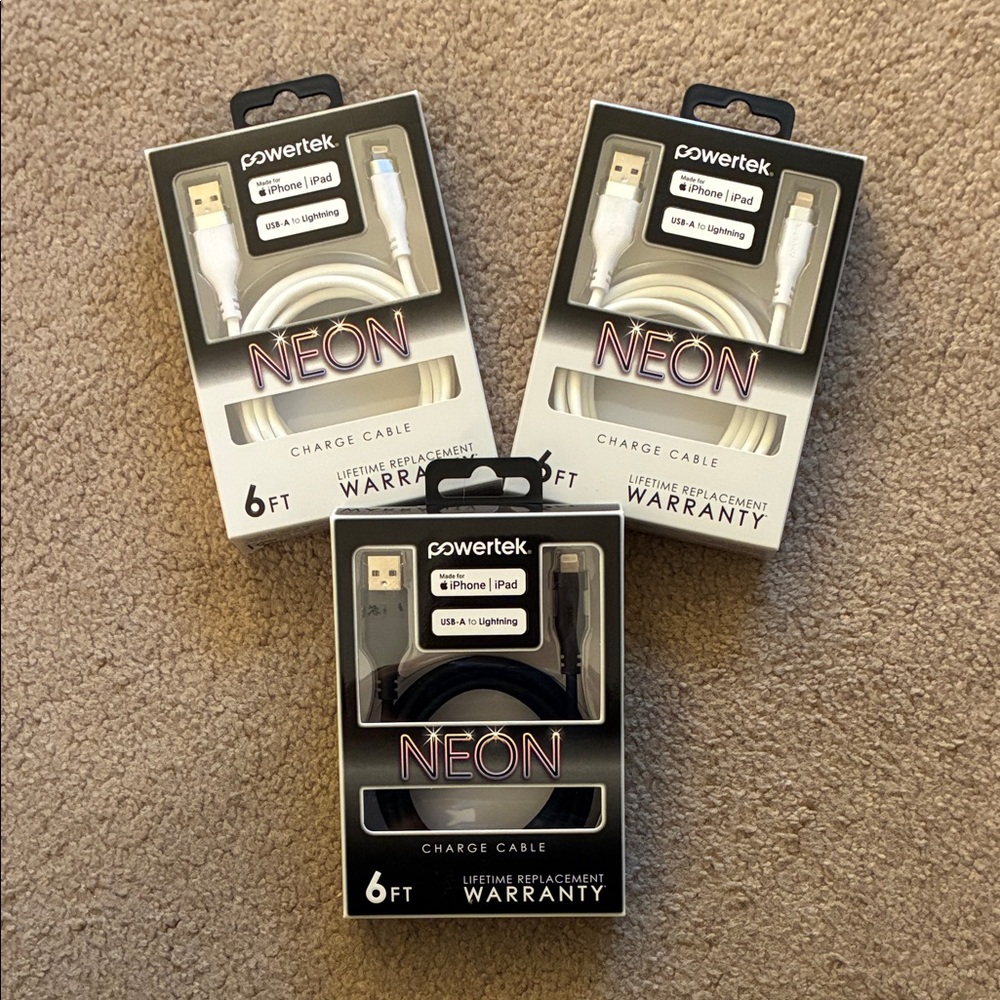 Three Powertek Neon Charge Cables - 6ft - Two White & One Black